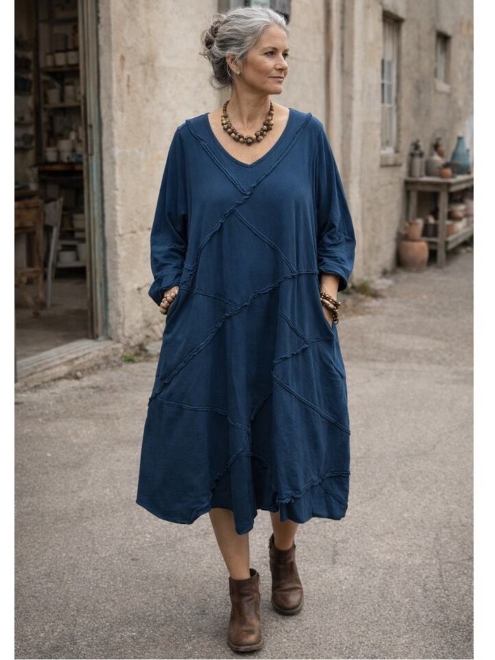 Cynthia Ashby Trix Dress Blue Isle Cotton Knit Lagenlook Art To Wear NWT Medium